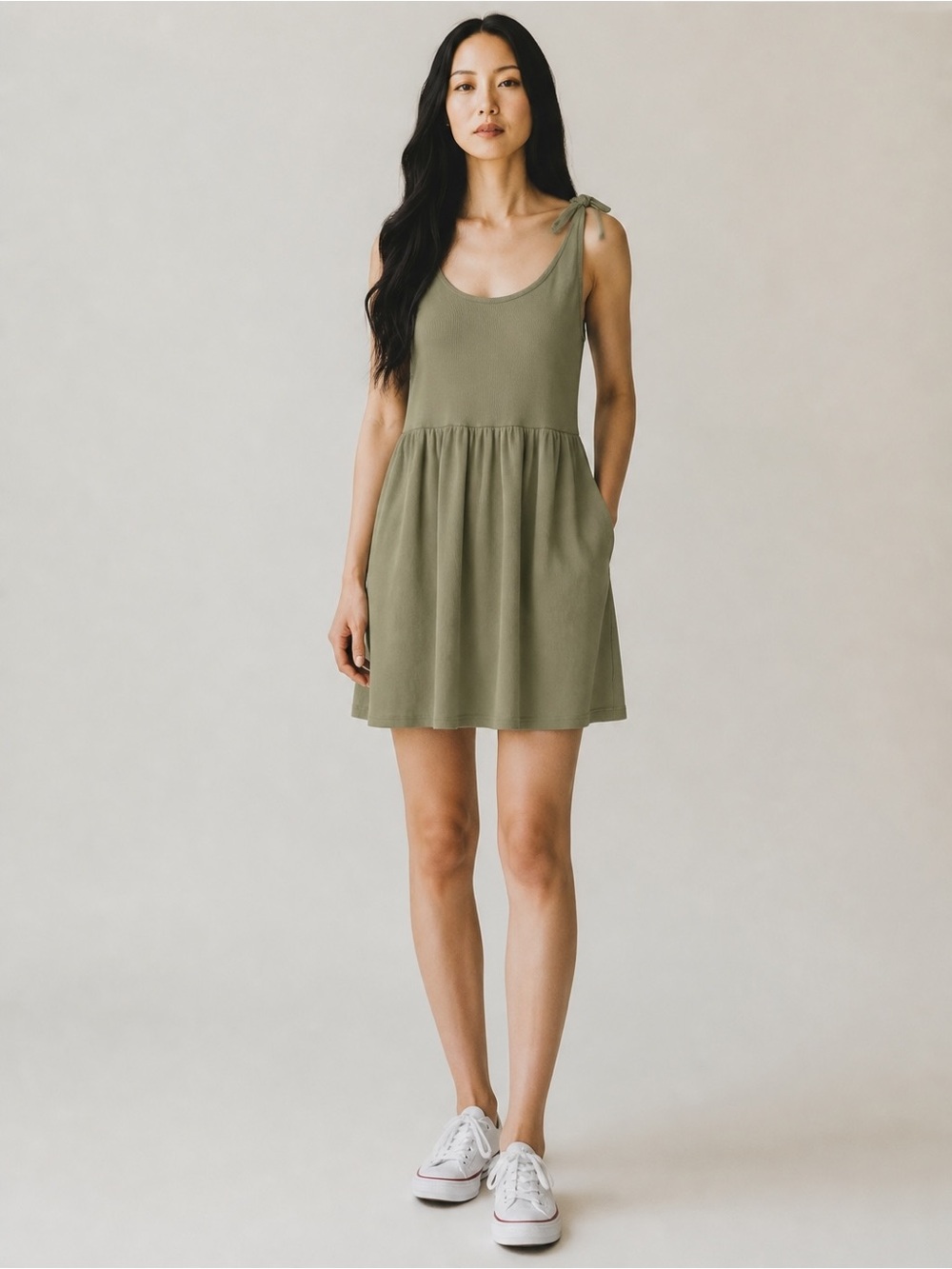 See You Monday Olive Tie-Shoulder Scoop Mini Dress